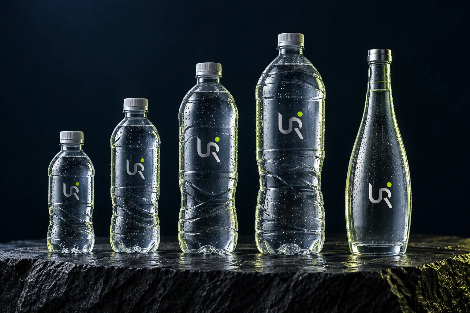 Ontwerpstudie van UR waterflessen in kleine en grote PET-formaten en glas